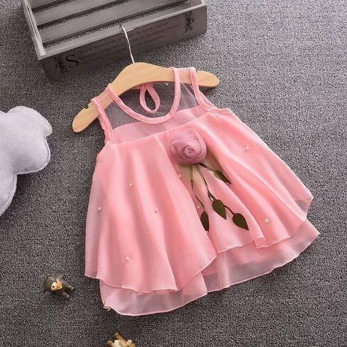 Girl Mesh Skirt Sleeveless Beaded Princess Dress  Pink