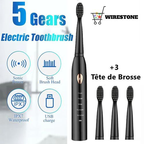 Smart Electric Toothbrush + 3 Brush Heads - Ultrasonic Anti-tartar - Black