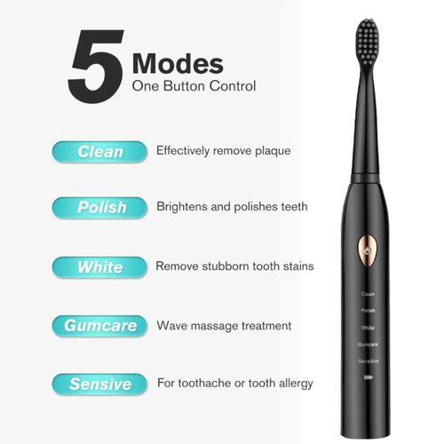 Smart Electric Toothbrush + 3 Brush Heads - Ultrasonic Anti-tartar - Black