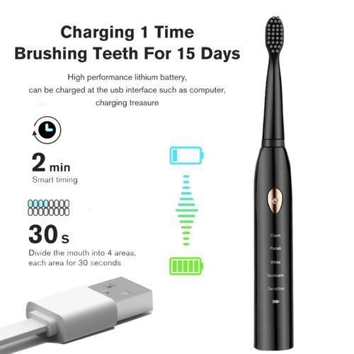 Smart Electric Toothbrush + 3 Brush Heads - Ultrasonic Anti-tartar - Black