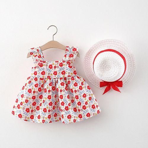 Newborn Infant Dresses Hat Floral Bowknot Sleeveless Dress