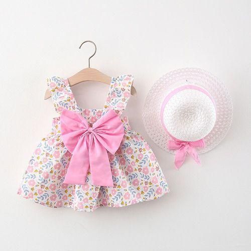 Newborn Infant Dresses Hat Floral Bowknot Sleeveless Dress
