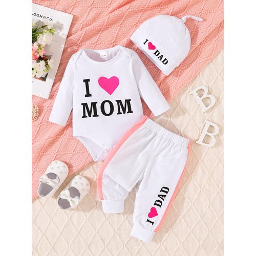 Newborn Baby I Love Mom Dad Long sleeved jumpsuit Boys and Girls Knitted pants Hat 3-piece set