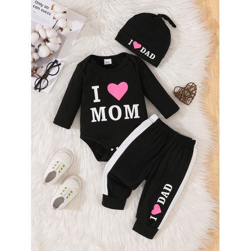Newborn Baby I Love Mom Dad Long sleeved jumpsuit Boys and Girls Knitted pants Hat 3-piece set