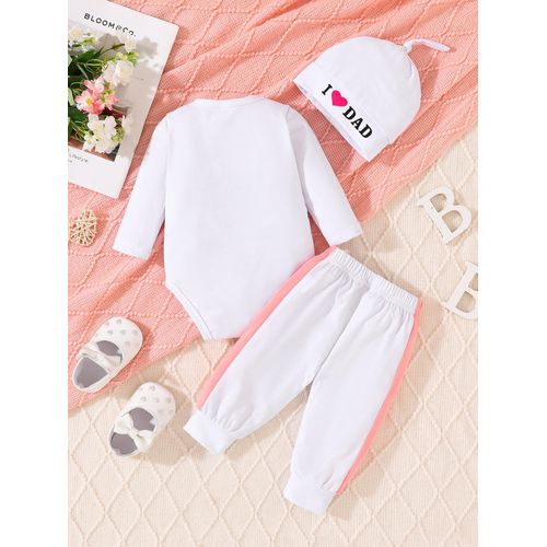 Newborn Baby I Love Mom Dad Long sleeved jumpsuit Boys and Girls Knitted pants Hat 3-piece set