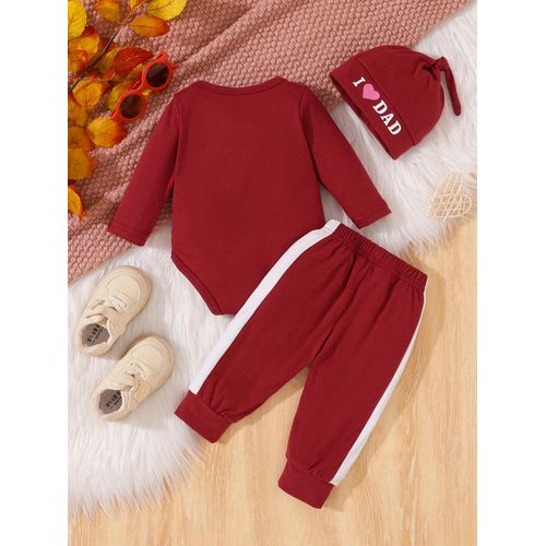 Newborn Baby I Love Mom Dad Long sleeved jumpsuit Boys and Girls Knitted pants Hat 3-piece set