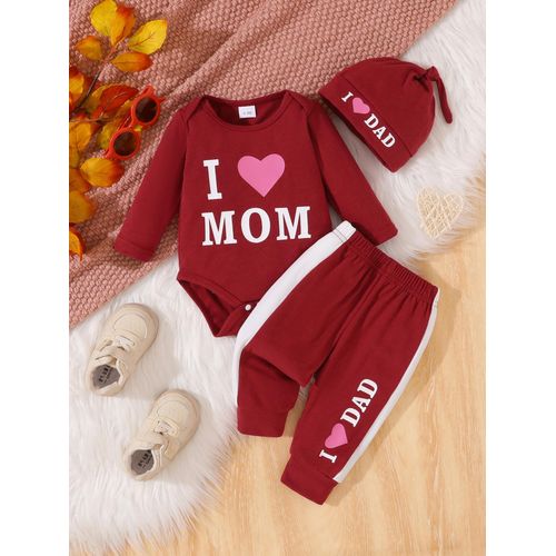 Newborn Baby I Love Mom Dad Long sleeved jumpsuit Boys and Girls Knitted pants Hat 3-piece set