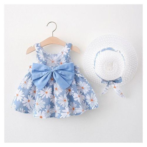 2pcs Girls Dress Bow Baby Beach Dresses Newborn Clothe Hat