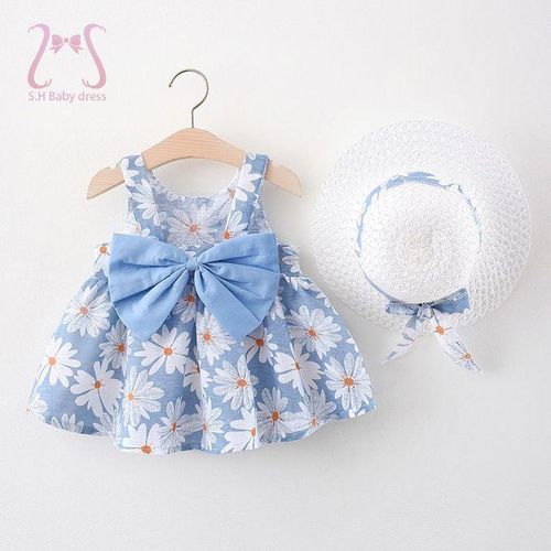 2pcs Girls Dress Bow Baby Beach Dresses Newborn Clothe Hat
