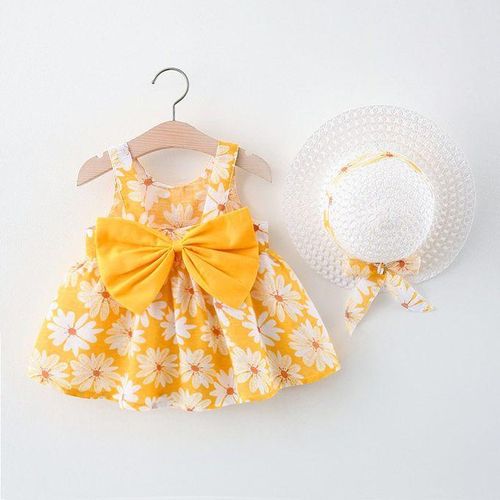 2pcs Girls Dress Bow Baby Beach Dresses Newborn Clothe Hat