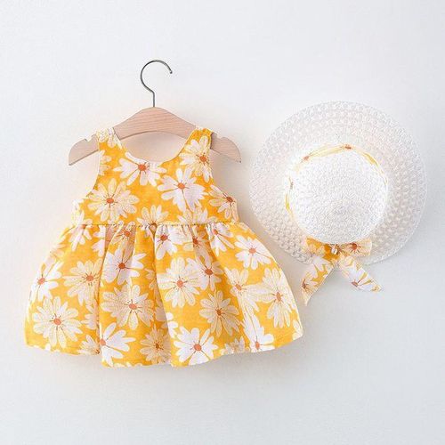 2pcs Girls Dress Bow Baby Beach Dresses Newborn Clothe Hat