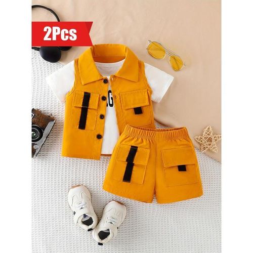 2pcs Infant & Toddler's Trendy Street Style Outfit, Cargo Vest & Letter Print T-shirt & Elastic Waist Shorts, Baby Boy's Clothes