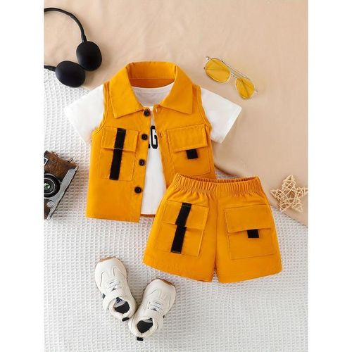 2pcs Infant & Toddler's Trendy Street Style Outfit, Cargo Vest & Letter Print T-shirt & Elastic Waist Shorts, Baby Boy's Clothes