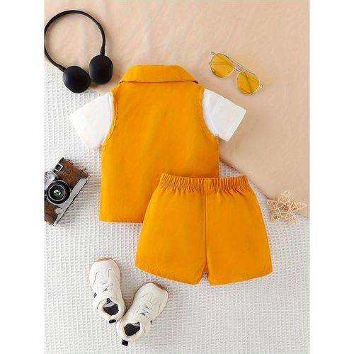 2pcs Infant & Toddler's Trendy Street Style Outfit, Cargo Vest & Letter Print T-shirt & Elastic Waist Shorts, Baby Boy's Clothes