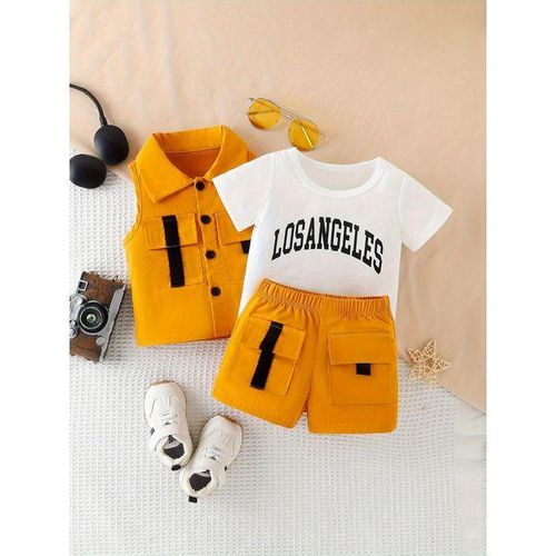 2pcs Infant & Toddler's Trendy Street Style Outfit, Cargo Vest & Letter Print T-shirt & Elastic Waist Shorts, Baby Boy's Clothes