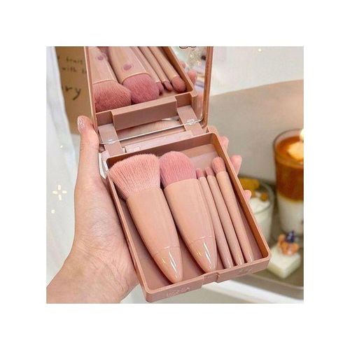 5 In 1 Makeup Brush Set With Mirror Blush Powder Brush Travel Kit Portable