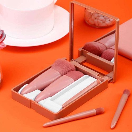 5 In 1 Makeup Brush Set With Mirror Blush Powder Brush Travel Kit Portable
