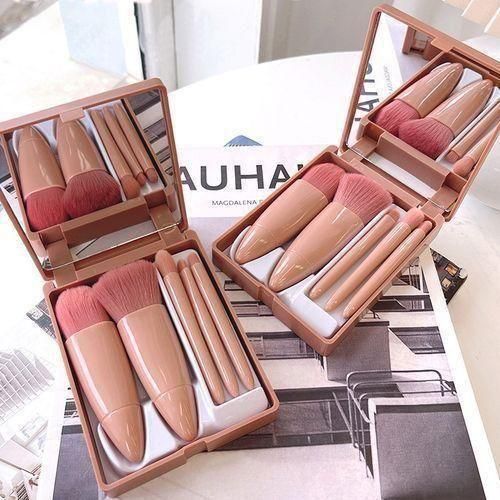 5 In 1 Makeup Brush Set With Mirror Blush Powder Brush Travel Kit Portable