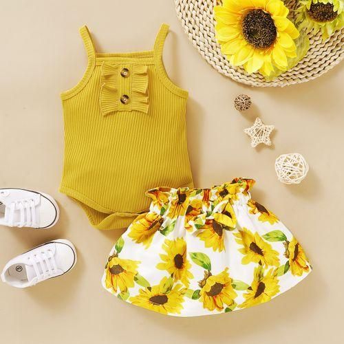 Newborn Baby Girls Costumes Set Solid Color Ribbed Tank Tops  Floral Skirt Yellow