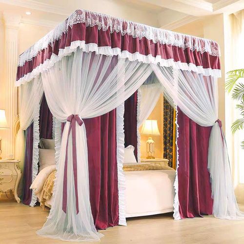 David Curtain Mosquito Net With 4 Steel Stands & Unique Lace Design &Luxurious Packaging Double-layer Bed Net S4 Maroon Red