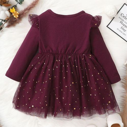 DADDY'S GIRL Baby Girls Long Sleeve Golden Star Sequins Princess Dress -Burgundy