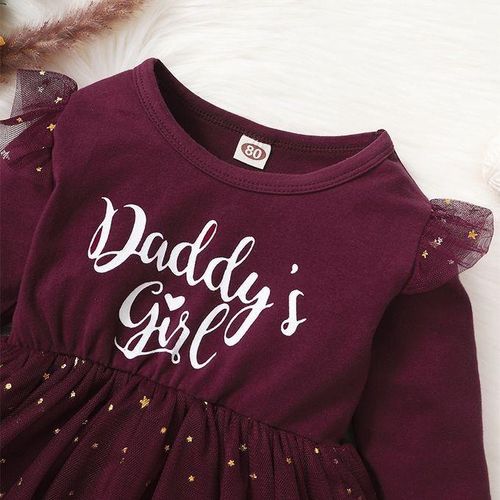 DADDY'S GIRL Baby Girls Long Sleeve Golden Star Sequins Princess Dress -Burgundy