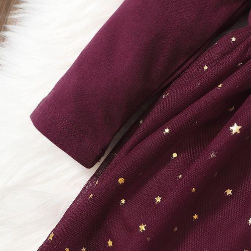 DADDY'S GIRL Baby Girls Long Sleeve Golden Star Sequins Princess Dress -Burgundy