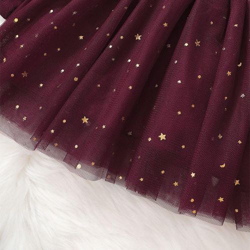 DADDY'S GIRL Baby Girls Long Sleeve Golden Star Sequins Princess Dress -Burgundy