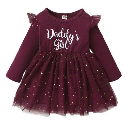 DADDY'S GIRL Baby Girls Long Sleeve Golden Star Sequins Princess Dress -Burgundy