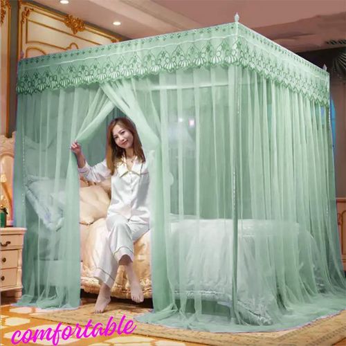 David Palace Lace Design  Mosquito Net With 4 Stand Baking Paint  & 3 Doors High-density Mesh Bed Net  S3 Green