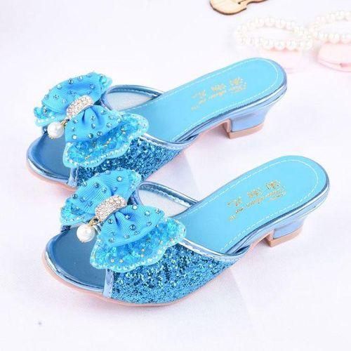 Girls Summer Sandals Slipper Sequined Princesse Children High Heel Party Dress Shoes Leather Slipper For Kids Slides Sky Blue