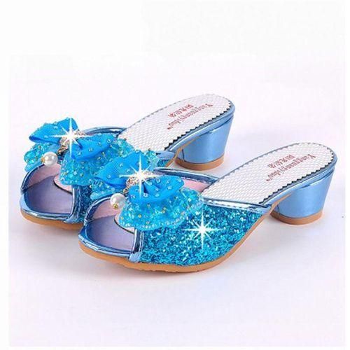 Girls Summer Sandals Slipper Sequined Princesse Children High Heel Party Dress Shoes Leather Slipper For Kids Slides Sky Blue