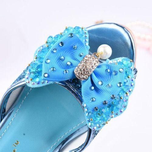 Girls Summer Sandals Slipper Sequined Princesse Children High Heel Party Dress Shoes Leather Slipper For Kids Slides Sky Blue