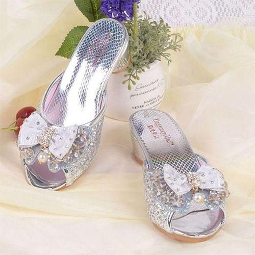 Girls Summer Sandals Slipper Sequined Princesse Children High Heel Party Dress Shoes Leather Slipper For Kids Slides Sky Blue