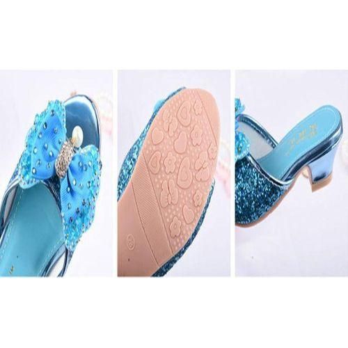 Girls Summer Sandals Slipper Sequined Princesse Children High Heel Party Dress Shoes Leather Slipper For Kids Slides Sky Blue