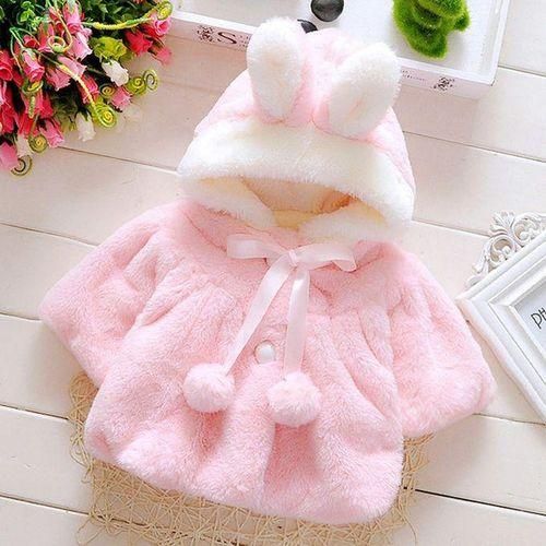 Female Baby Cartoon Rabbit Ears Shape Hooded Imitation Rabbit Fur Shawl Coat, Kid Size:80cmPink