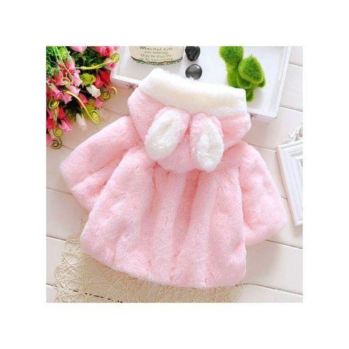 Female Baby Cartoon Rabbit Ears Shape Hooded Imitation Rabbit Fur Shawl Coat, Kid Size:80cmPink