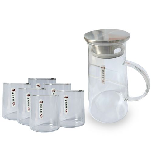 Deli Clear Glass Jug Set-1L Jug + 6 Drinking Glasses.