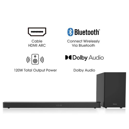 Hisense ORIGINAL 2.1 Channel Loud Sound Bar With Mega Bass, Wireless Subwoofer 120W HS212F Soundbar - Black