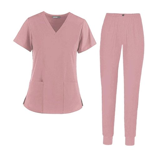 2Pcs/Set Women V-Neck Nursing Scrub Suit Nurse Uniform T-Shirt M Pink