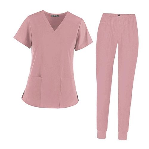 2Pcs/Set Women V-Neck Nursing Scrub Suit Nurse Uniform T-Shirt M Pink