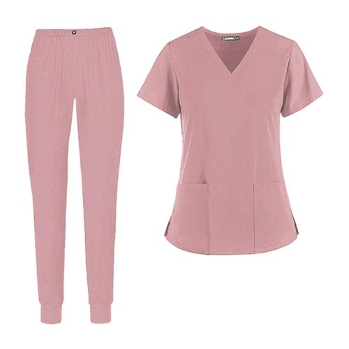 2Pcs/Set Women V-Neck Nursing Scrub Suit Nurse Uniform T-Shirt M Pink