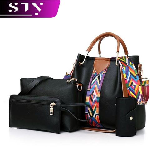 STY 4 In 1 Bag Set Ladies Handbags Women Shoulder Bags Wallet PU Leather Waterproof-Black
