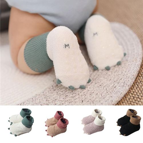 Warm Fuzzy Socks for Baby with Grippers Cute Dinosaur Claw Shaped Above Ankle Knitted Rib Cuff Fleece Socks for Toddler White L