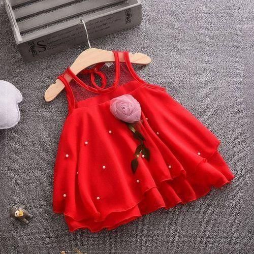 Girl Mesh Skirt Sleeveless Beaded Princess Dress  Red