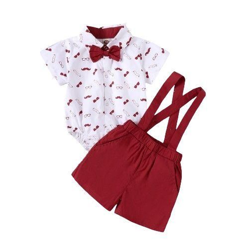 018 Months Baby Boy Gentleman Bodysuit  Red Overalls Suit