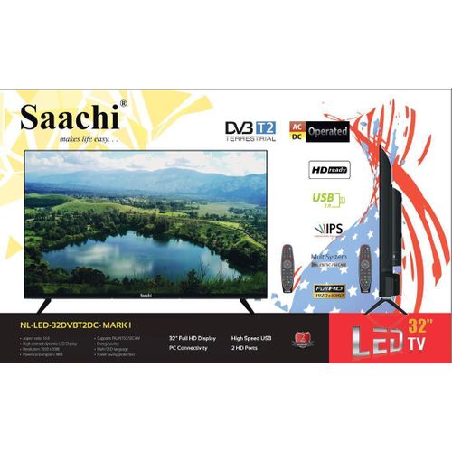Saachi 32Inch LED Digital Frameless, Free To Air TV And AC-DC Operated With 2 Remotes - Black