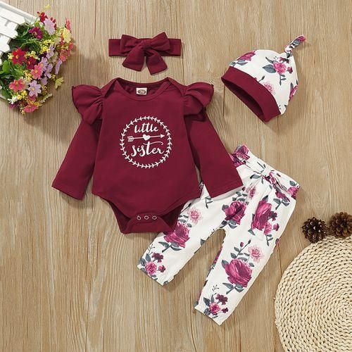 Little sister baby girls outfit letter print bodysuit floral long pants headband hat