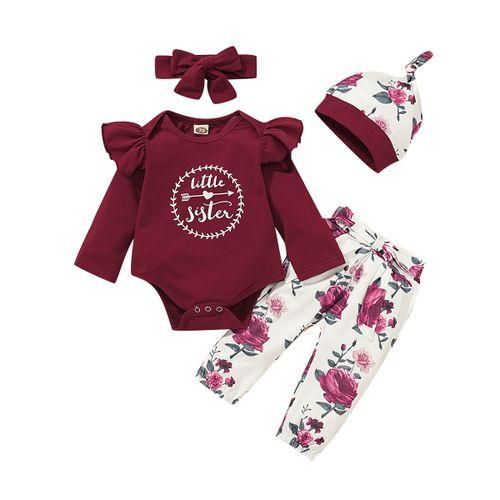 Little sister baby girls outfit letter print bodysuit floral long pants headband hat