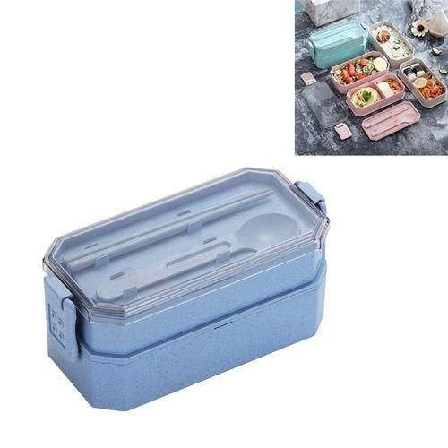 Doublelayer Lunch Box Plastic Microwaveable Student Lunch Box Cutlery SetBlue